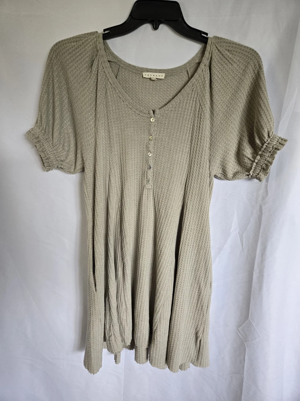 Promesa Beige Waffle-Knit Short Sleeve Mini Dress Pockets